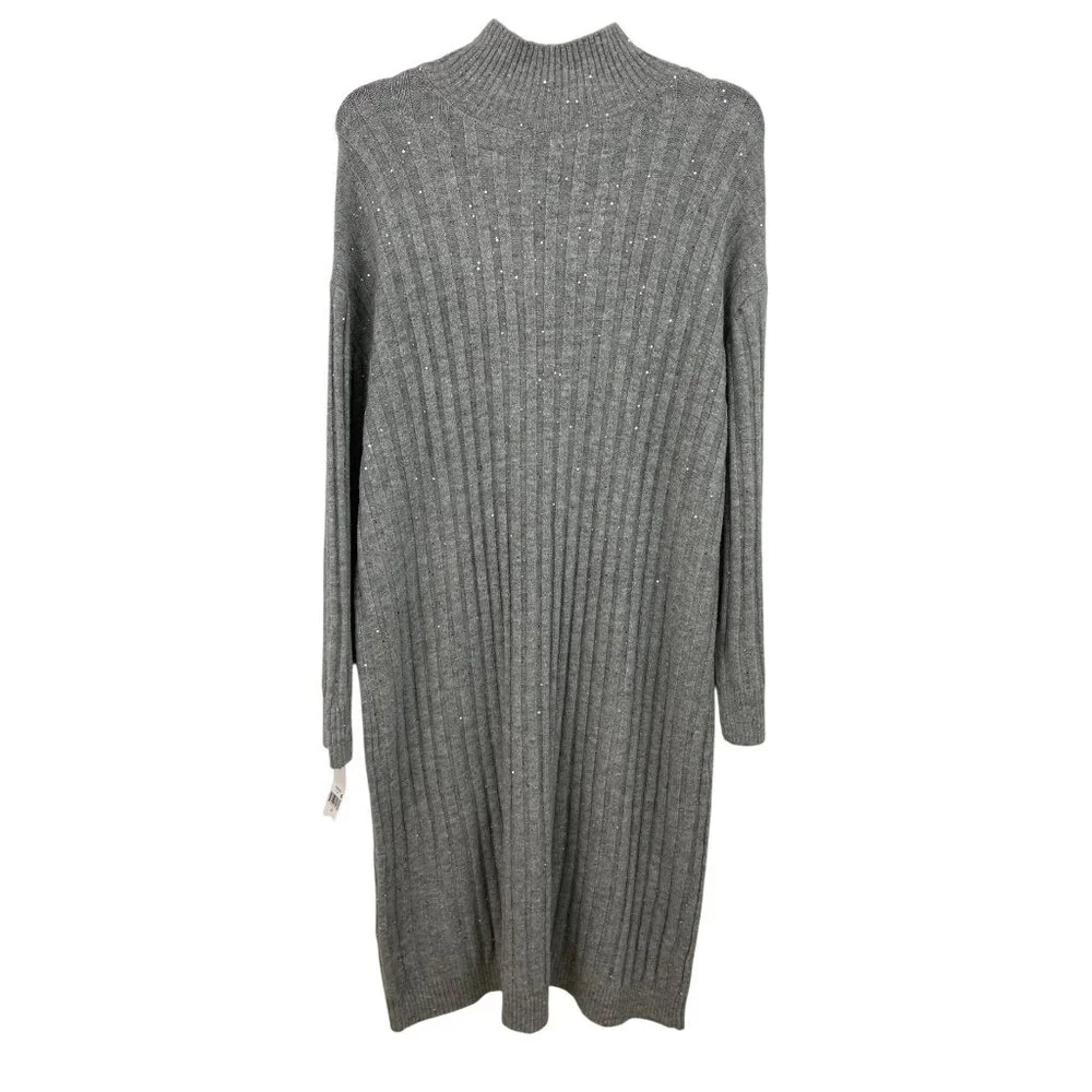 Ophelia Roe Gray Ribbed Knit Sweater Dress Sequins & High Neckline Womens Size 3 - Picture 2 of 9